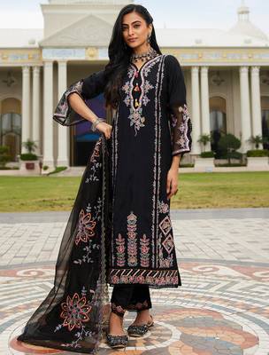 Black embroidered silk blend kurta trouser dupatta set 3