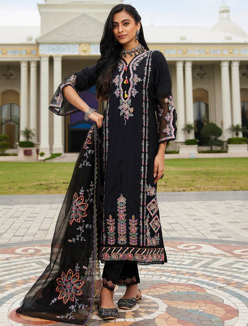 Black embroidered silk blend kurta trouser dupatta set