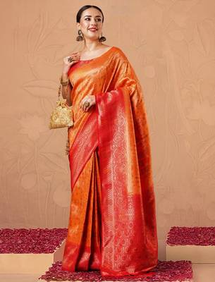 Orange ethnic motifs woven design kanjeevaram silk designer saree 4