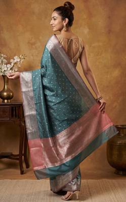 Teal blue katan silk woven saree with blouse 5