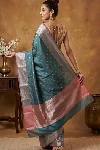 Teal blue katan silk woven saree with blouse