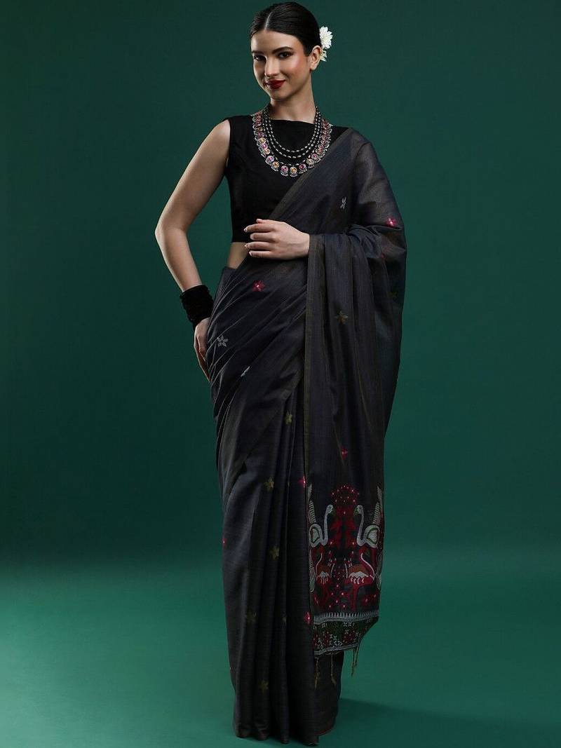 Black woven design muga sarees with blouse piece