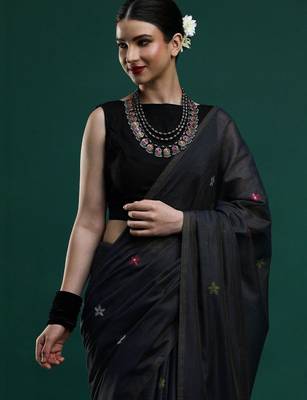 Black woven design muga sarees with blouse piece 2
