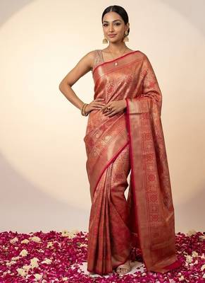 Red blended cotton woven saree with blouse 1