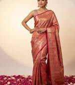 Red blended cotton woven saree with blouse