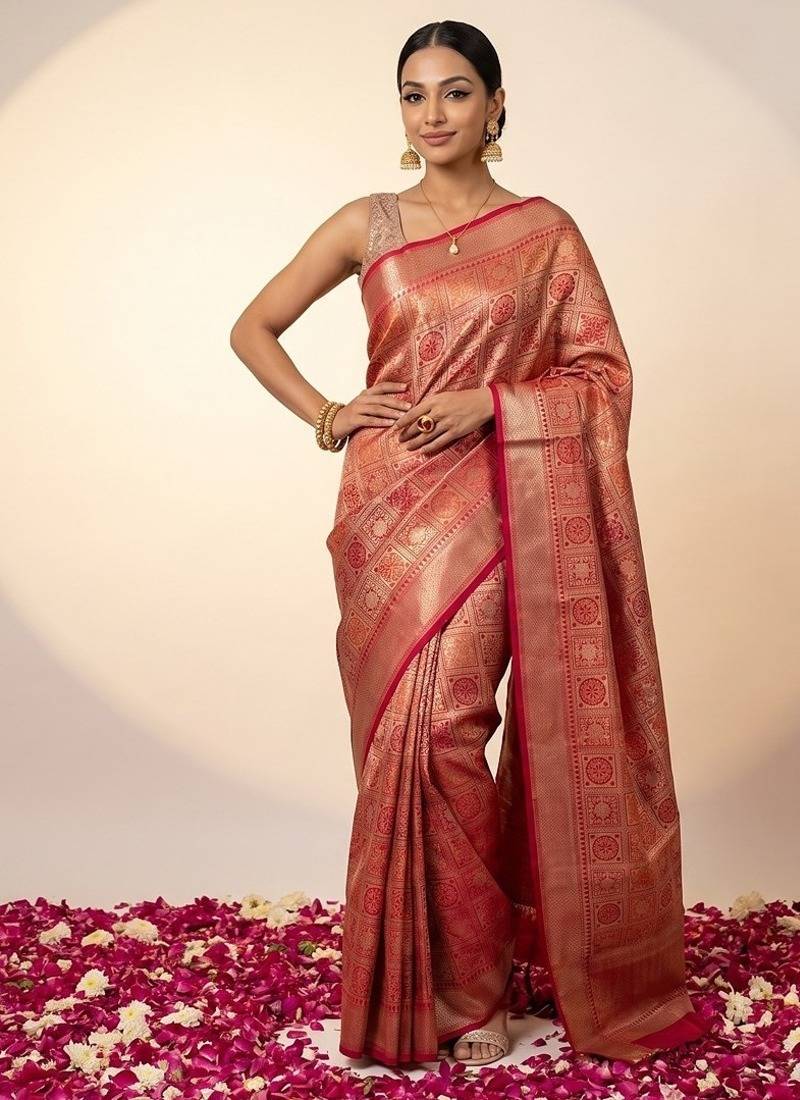 Red blended cotton woven saree with blouse