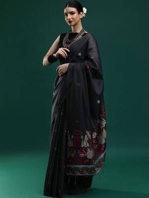 Black woven design muga sarees with blouse piece 3