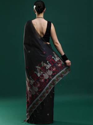 Black woven design muga sarees with blouse piece 4