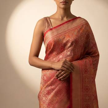 Red blended cotton woven saree with blouse 5