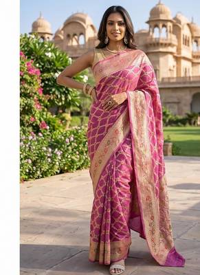 Pink chiffon woven saree with blouse 1