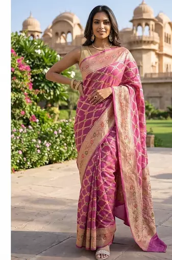 Pink chiffon woven saree with blouse