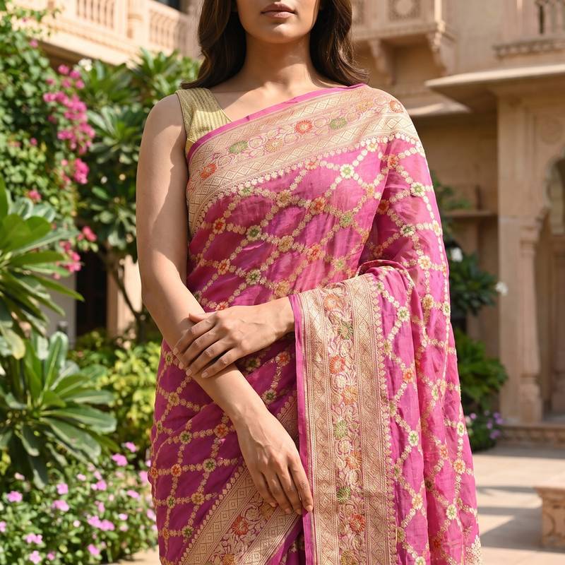 Pink chiffon woven saree with blouse