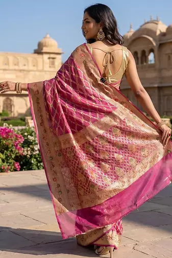 Pink chiffon woven saree with blouse