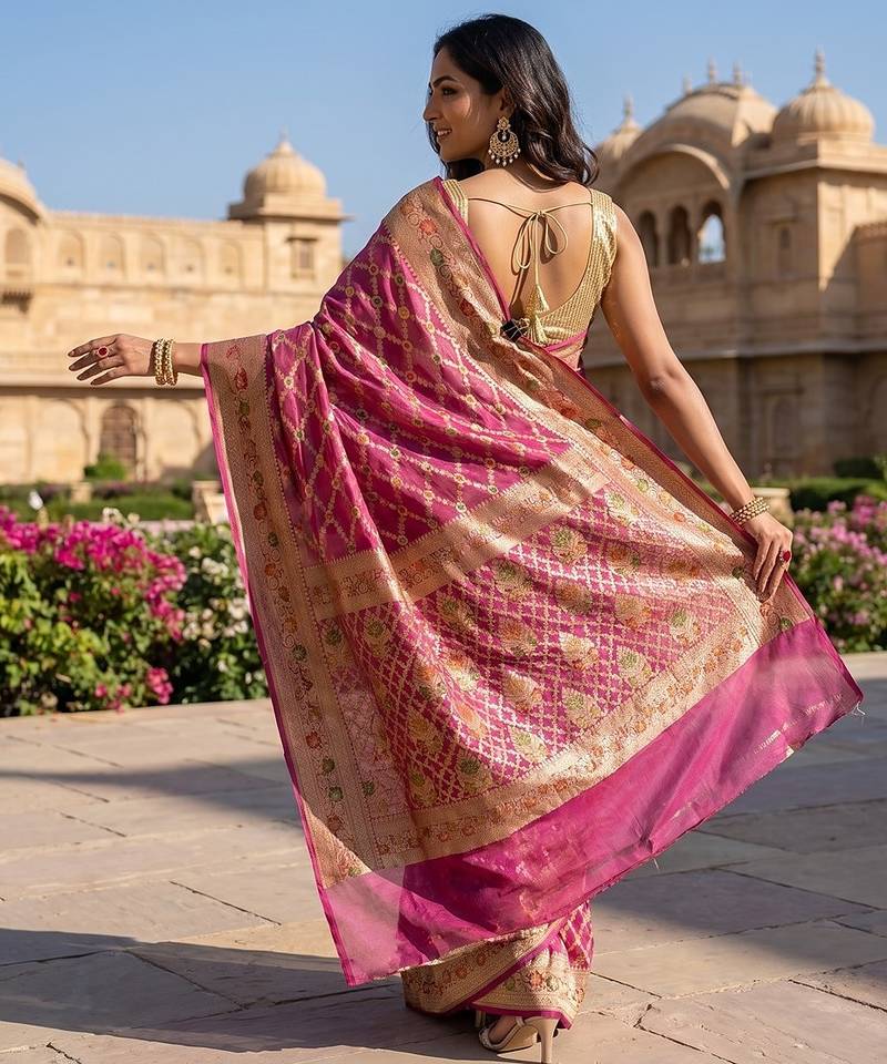 Pink chiffon woven saree with blouse
