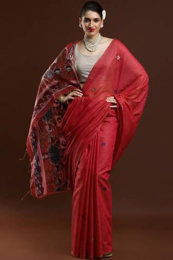 Red woven design muga sarees with blouse piece