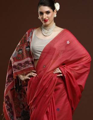 Red woven design muga sarees with blouse piece 2