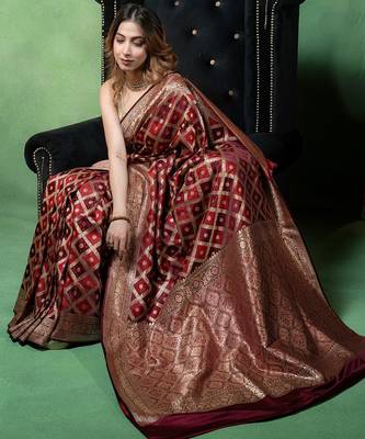 Maroon satin woven saree with blouse 1