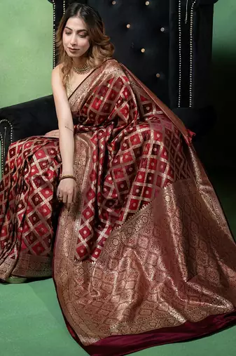 Maroon satin woven saree with blouse