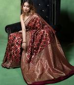 Maroon satin woven saree with blouse