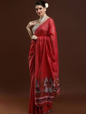 Red woven design muga sarees with blouse piece 3