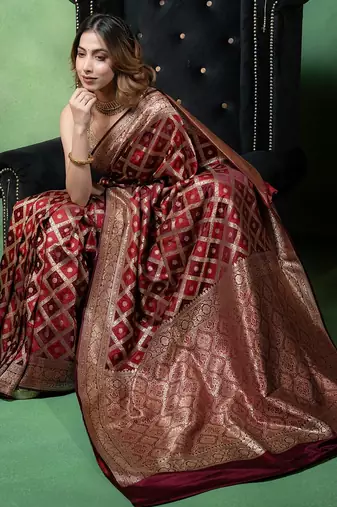 Maroon satin woven saree with blouse