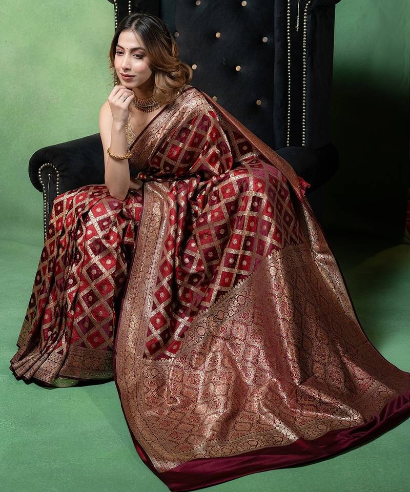 Maroon satin woven saree with blouse