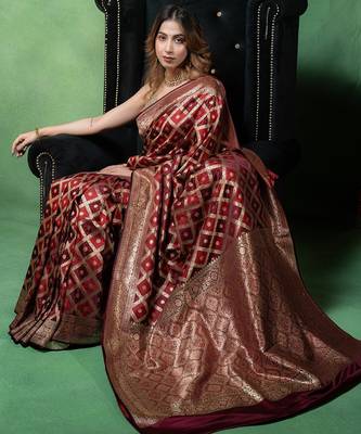 Maroon satin woven saree with blouse 3