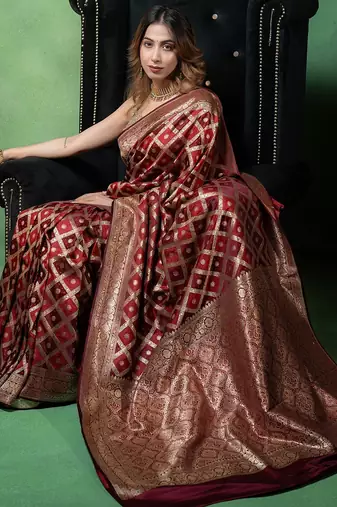 Maroon satin woven saree with blouse