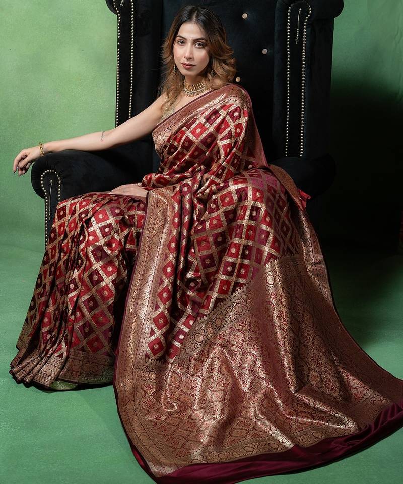 Maroon satin woven saree with blouse