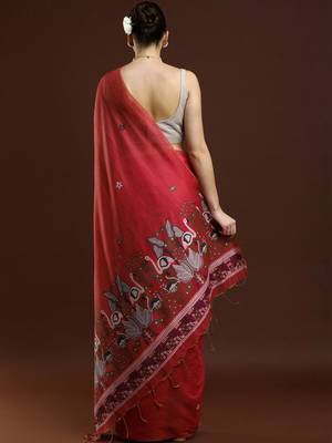 Red woven design muga sarees with blouse piece 4