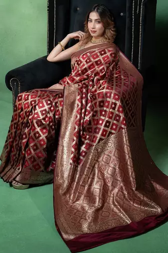 Maroon satin woven saree with blouse