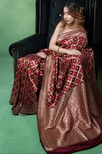 Maroon satin woven saree with blouse