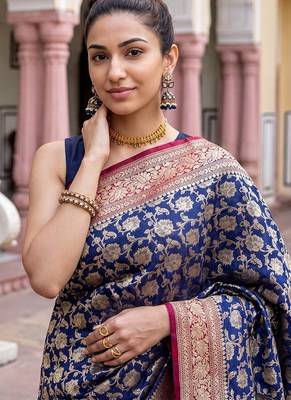 Navy-blue georgette woven saree with blouse 2