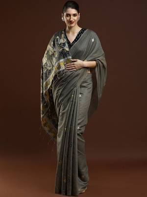 Grey woven design muga sarees with blouse piece 1