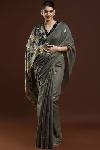 Grey woven design muga sarees with blouse piece