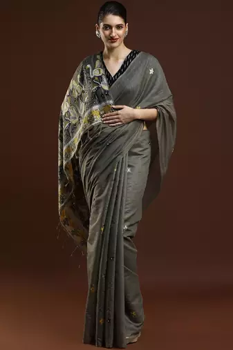 Grey woven design muga sarees with blouse piece