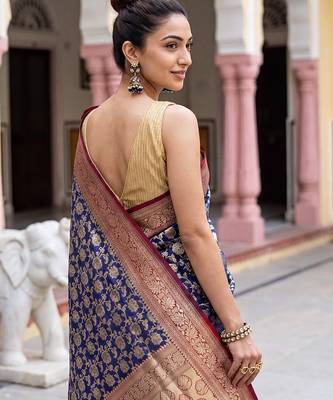 Navy-blue georgette woven saree with blouse 3