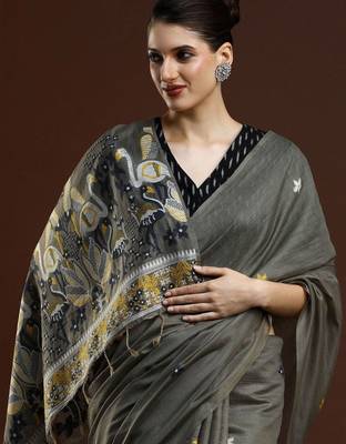 Grey woven design muga sarees with blouse piece 2