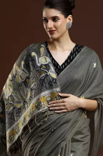 Grey woven design muga sarees with blouse piece