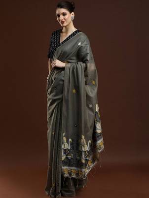 Grey woven design muga sarees with blouse piece 3