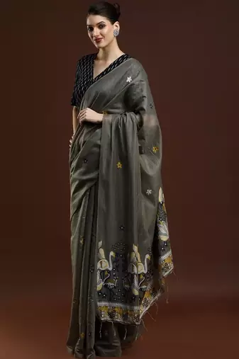 Grey woven design muga sarees with blouse piece