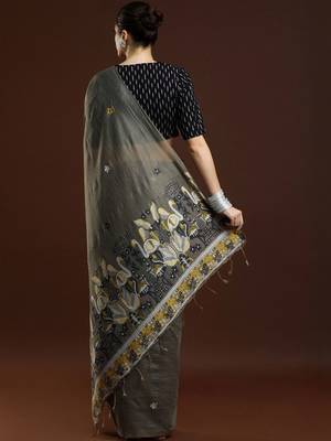 Grey woven design muga sarees with blouse piece 4