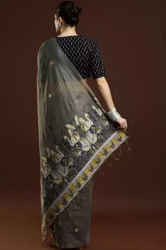 Grey woven design muga sarees with blouse piece