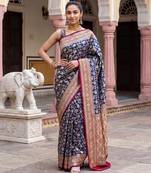 Navy-blue georgette woven saree with blouse