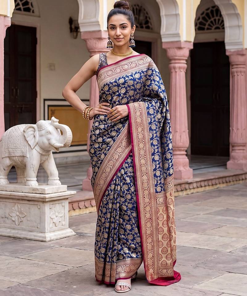 Navy-blue georgette woven saree with blouse