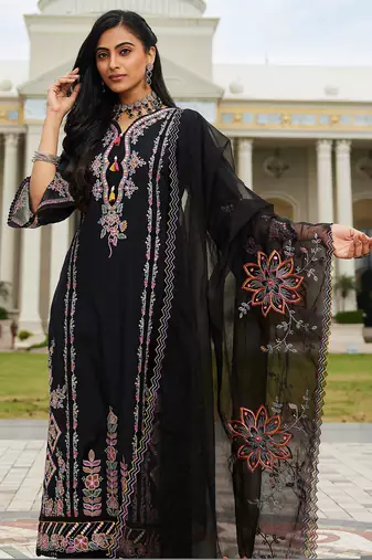 Black embroidered silk blend kurta trouser dupatta set