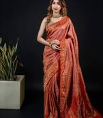 Pink satin woven saree with blouse