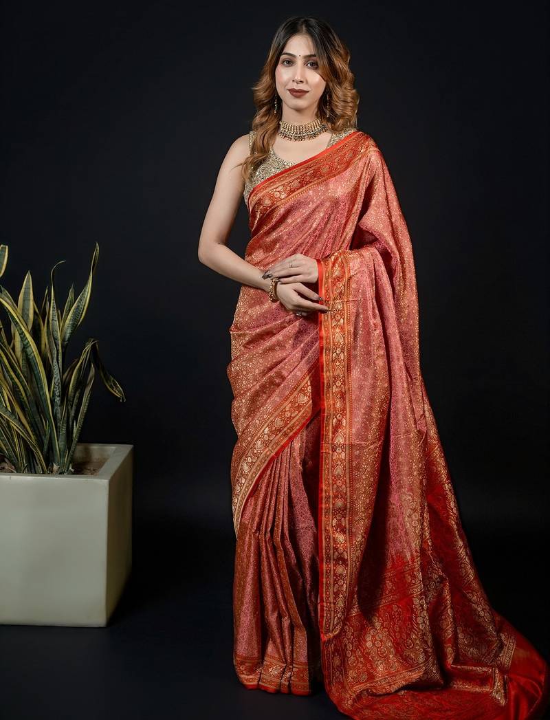 Pink satin woven saree with blouse