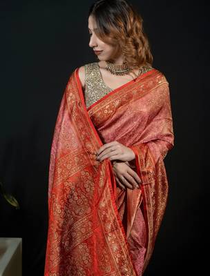 Pink satin woven saree with blouse 2