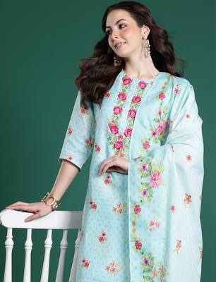 Sea green embroidered linen kurta trouser dupatta set 1